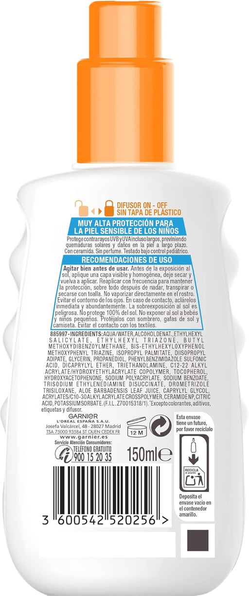 Garnier Ambre Solaire Kids Sensitive Expert+ Spray Protector Solar para Niños SPF 50+, 150 ml. Impermeable, resistente a la arena e ideal para la piel sensible infantil. Garnier - pack