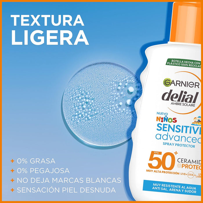 Garnier Ambre Solaire Kids Sensitive Expert+ Spray Protector Solar para Niños SPF 50+, 150 ml. Impermeable, resistente a la arena e ideal para la piel sensible infantil. Garnier - uso
