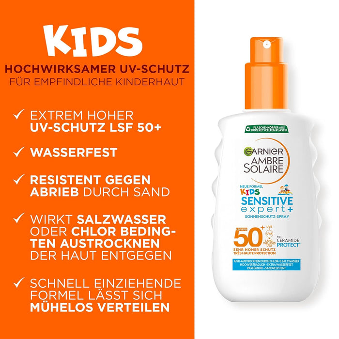 Garnier Ambre Solaire Kids Sensitive Expert+ Spray Protector Solar para Niños SPF 50+, 150 ml. Impermeable, resistente a la arena e ideal para la piel sensible infantil. Garnier - zoom