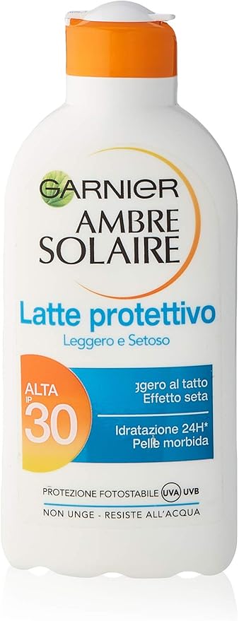 Garnier Ambre Solaire Leche Protectora Solar Hidratante SPF 30, 200 ml. Fórmula con Vitamina C antioxidante para una piel suave, sedosa y protegida del sol. Garnier - frontal