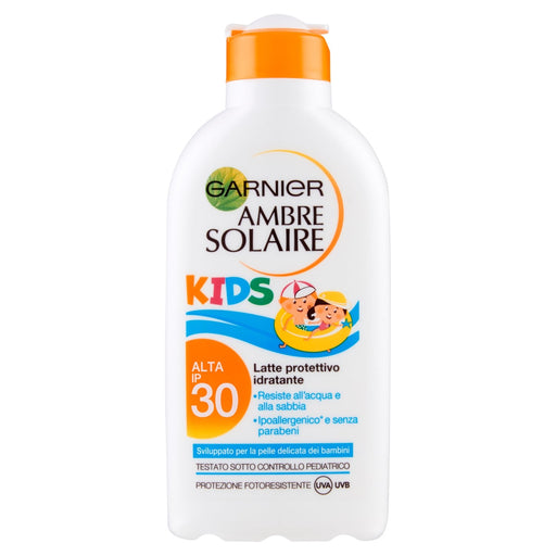 Garnier Ambre Solaire Leche Solar para Niños SPF 30, 200 ml. Alta Protección Hidratante, resistente al agua y suave para la piel delicada de los más pequeños. Garnier - frontal