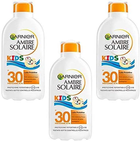 Garnier Ambre Solaire Niños Leche Protectora Solar SPF 30, Pack de 3 (3x200ml). Alta Protección Hidratante y Resistente al Agua para la Piel Delicada de los Niños. Garnier - frontal