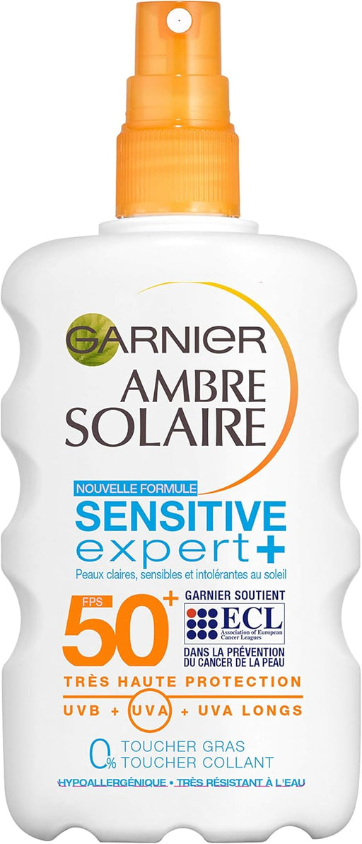 Garnier Ambre Solaire Sensitive Expert+ Spray Protector Solar SPF 50+, 200ml. Muy Alta Protección Hipoalergénica para Pieles Sensibles e Intolerantes al Sol. Garnier - frontal