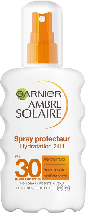 Garnier Ambre Solaire Spray Protector Hidratación 24h FPS 30, 200 ml. Alta protección UVA/UVB con Manteca de Karité nutritiva para una piel suave, sedosa e hidratada. Garnier - detalle