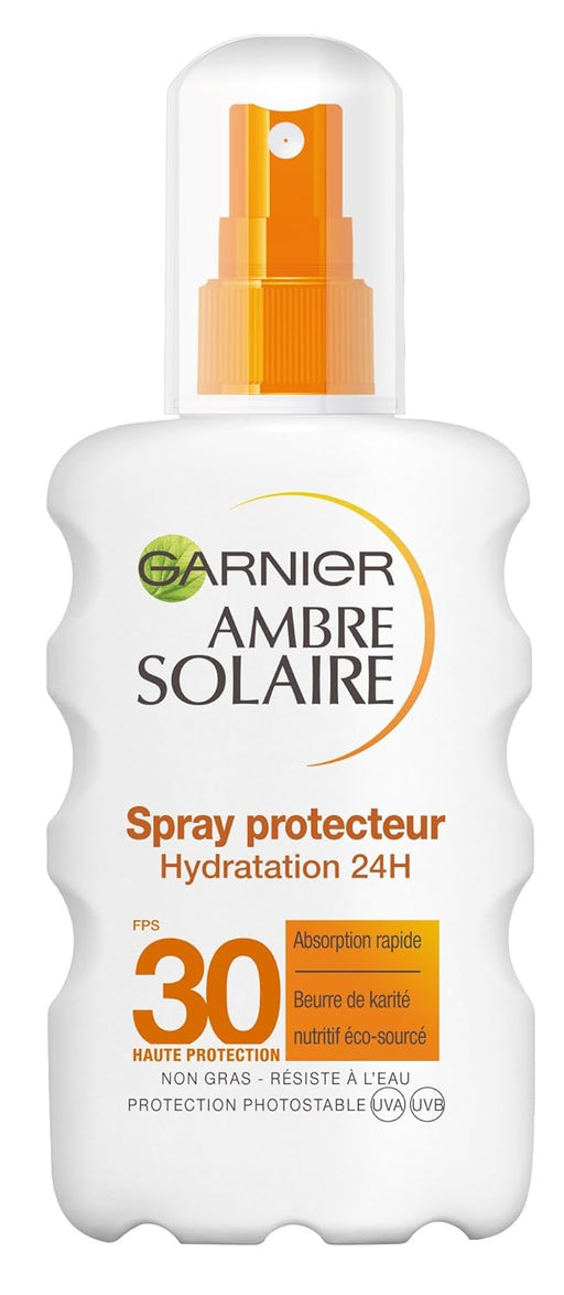 Garnier Ambre Solaire Spray Protector Hidratación 24h FPS 30, 200 ml. Alta protección UVA/UVB con Manteca de Karité nutritiva para una piel suave, sedosa e hidratada. Garnier - frontal