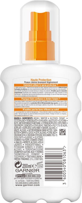 Garnier Ambre Solaire Spray Protector Hidratación 24h FPS 30, 200 ml. Alta protección UVA/UVB con Manteca de Karité nutritiva para una piel suave, sedosa e hidratada. Garnier - pack