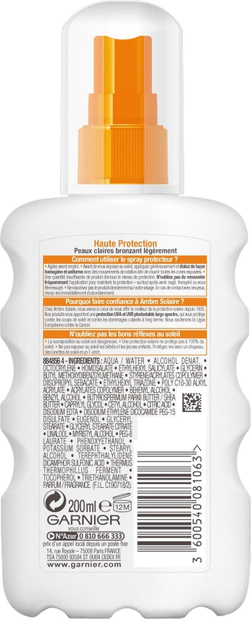 Garnier Ambre Solaire Spray Protector Hidratación 24h FPS 30, 200 ml. Alta protección UVA/UVB con Manteca de Karité nutritiva para una piel suave, sedosa e hidratada. Garnier - pack