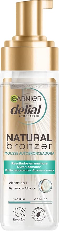 Garnier Delial Mousse Autobronceadora Natural Bronzer (200ml): Consigue un bronceado intenso y luminoso con una fórmula vegana y 92% de origen natural. Garnier - frontal