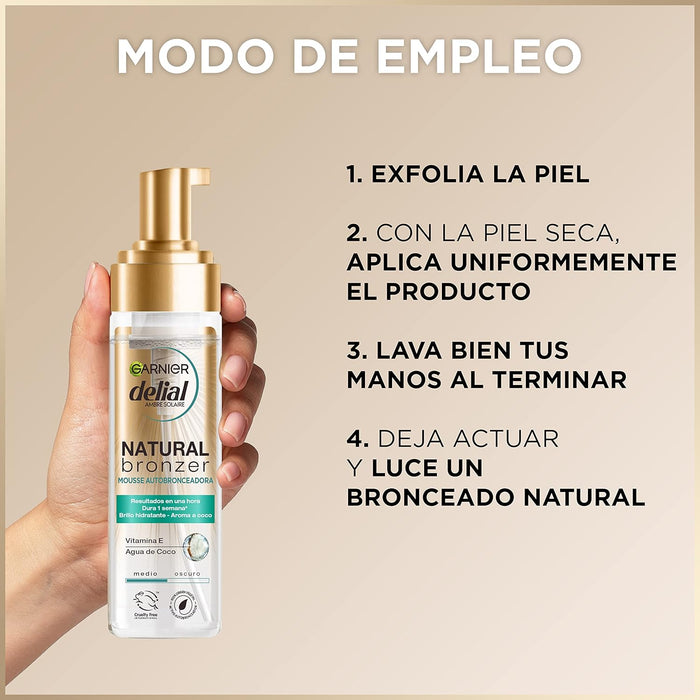 Garnier Delial Mousse Autobronceadora Natural Bronzer (200ml): Consigue un bronceado intenso y luminoso con una fórmula vegana y 92% de origen natural. Garnier - lateral