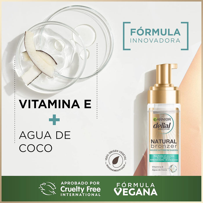 Garnier Delial Mousse Autobronceadora Natural Bronzer (200ml): Consigue un bronceado intenso y luminoso con una fórmula vegana y 92% de origen natural. Garnier - pack