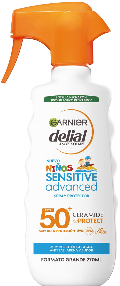 Garnier Delial Niños Sensitive Advanced, Protector Solar en Pistola Spray FPS 50+, 270ml. Muy alta protección para la piel sensible de los niños, muy resistente al agua, arena, sal y cloro. Garnier - frontal
