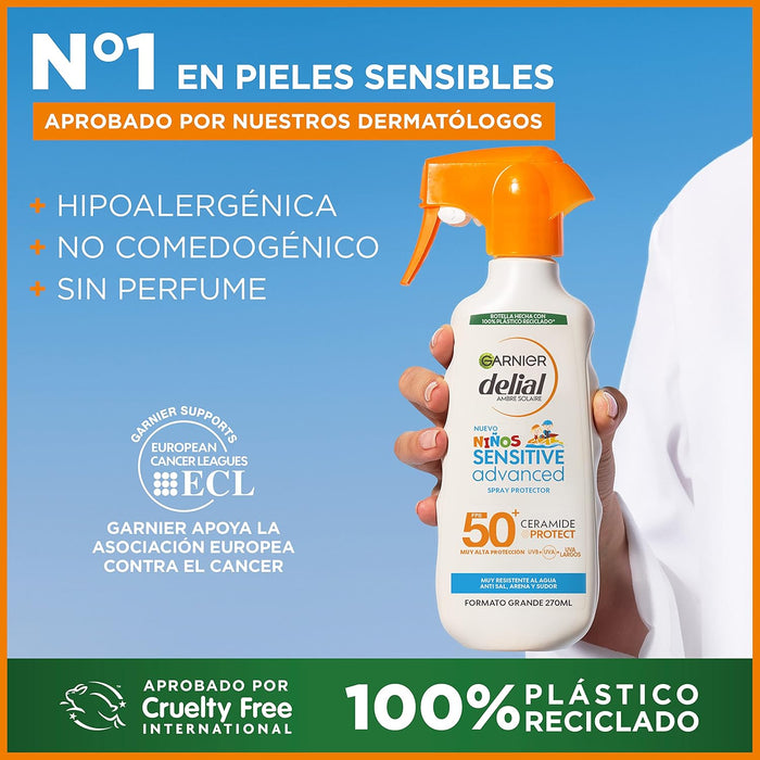 Garnier Delial Niños Sensitive Advanced, Protector Solar en Pistola Spray FPS 50+, 270ml. Muy alta protección para la piel sensible de los niños, muy resistente al agua, arena, sal y cloro. Garnier - detalle