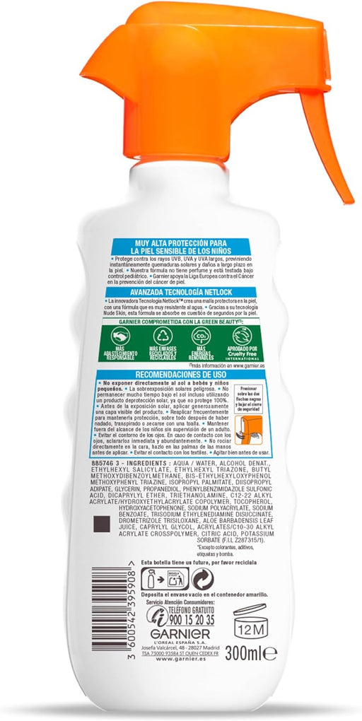Garnier Delial Niños Sensitive Advanced, Protector Solar en Pistola Spray FPS 50+, 270ml. Muy alta protección para la piel sensible de los niños, muy resistente al agua, arena, sal y cloro. Garnier - pack