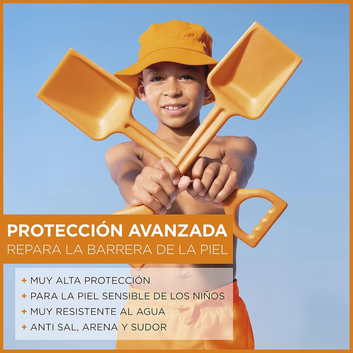 Garnier Delial Niños Sensitive Advanced, Protector Solar en Pistola Spray FPS 50+, 270ml. Muy alta protección para la piel sensible de los niños, muy resistente al agua, arena, sal y cloro. Garnier - lateral