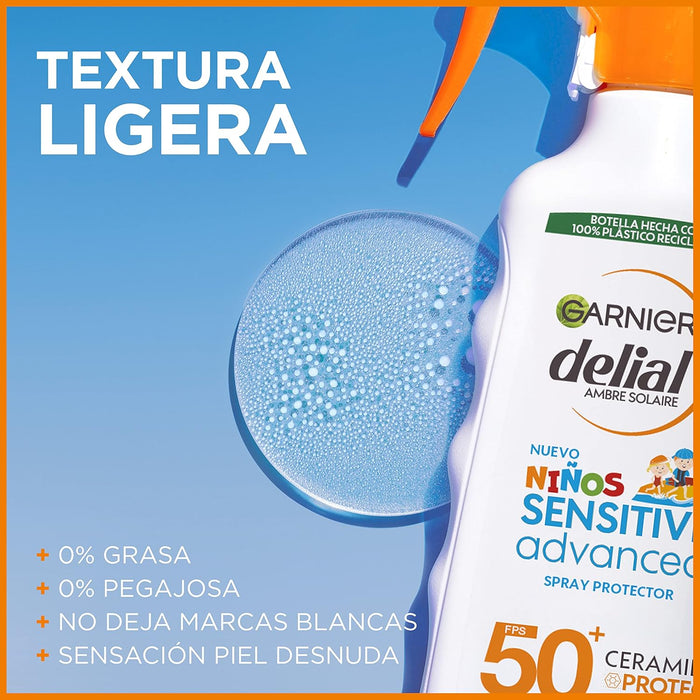Garnier Delial Niños Sensitive Advanced, Protector Solar en Pistola Spray FPS 50+, 270ml. Muy alta protección para la piel sensible de los niños, muy resistente al agua, arena, sal y cloro. Garnier - uso