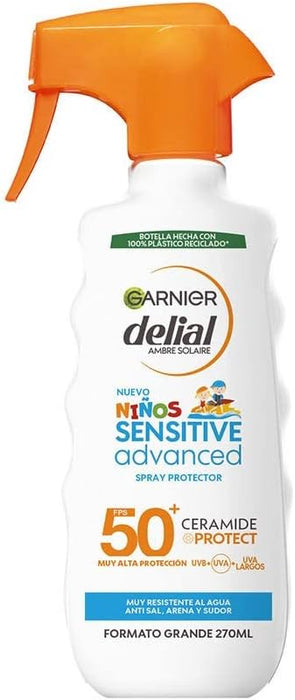 Garnier Delial Niños Sensitive Advanced, Protector Solar en Pistola Spray FPS 50+, 270ml. Muy alta protección para la piel sensible de los niños, muy resistente al agua, arena, sal y cloro. Garnier - zoom