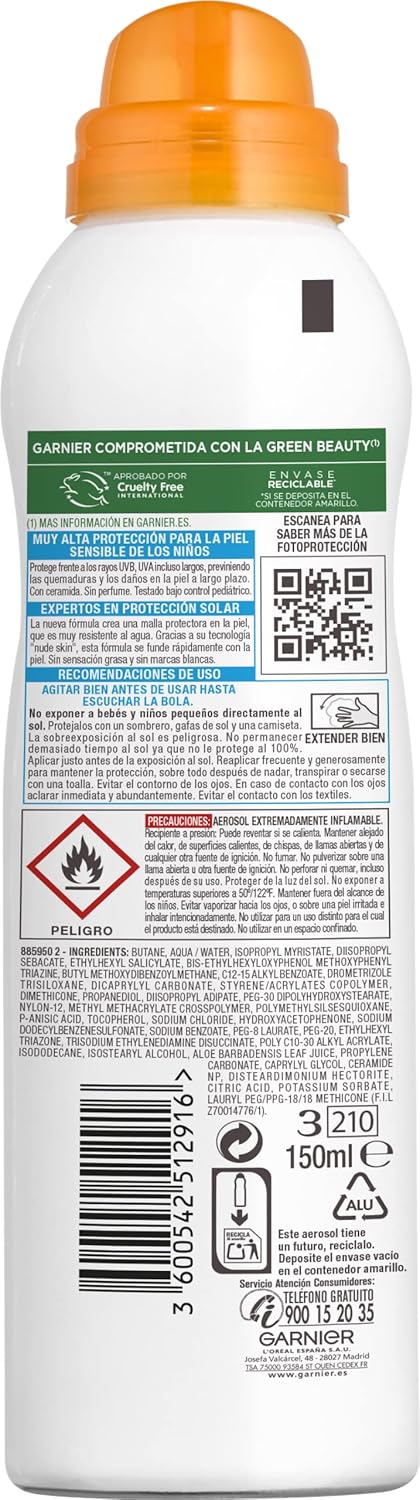 Garnier Delial Niños Sensitive Advanced Spray Anti-Arena IP50+, 150 ml. Muy alta protección para pieles sensibles que se puede aplicar sobre piel mojada y repele la arena. Garnier - pack