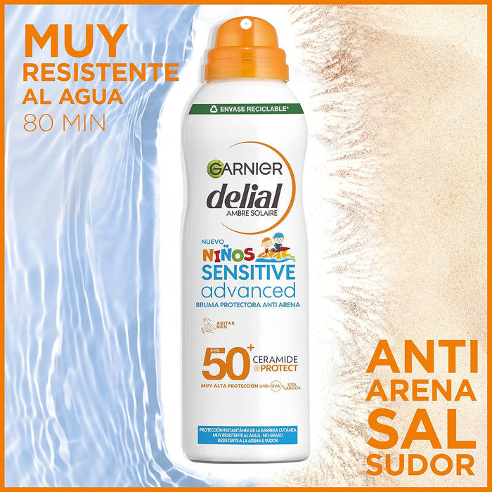 Garnier Delial Niños Sensitive Advanced Spray Anti-Arena IP50+, 150 ml. Muy alta protección para pieles sensibles que se puede aplicar sobre piel mojada y repele la arena. Garnier - uso