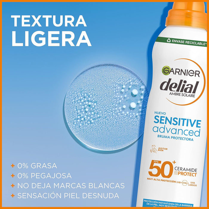 Garnier Delial Sensitive Advanced Bruma Protectora Solar FPS 50+, 150 ml. Muy alta protección con tacto seco 0% graso para pieles claras, sensibles e intolerantes al sol. Garnier - detalle