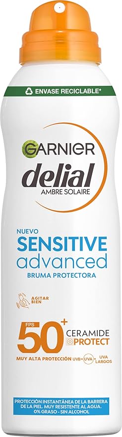 Garnier Delial Sensitive Advanced Bruma Protectora Solar FPS 50+, 150 ml. Muy alta protección con tacto seco 0% graso para pieles claras, sensibles e intolerantes al sol. Garnier - frontal