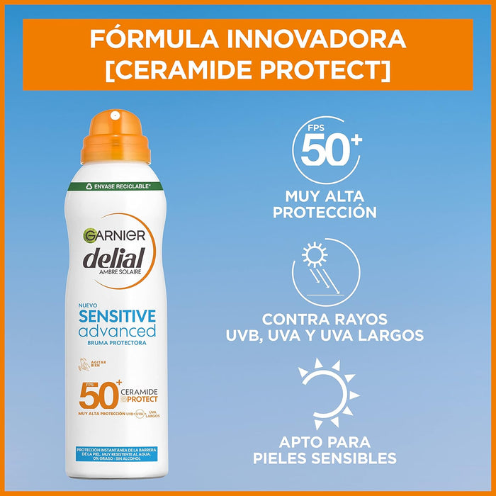 Garnier Delial Sensitive Advanced Bruma Protectora Solar FPS 50+, 150 ml. Muy alta protección con tacto seco 0% graso para pieles claras, sensibles e intolerantes al sol. Garnier - ingredientes