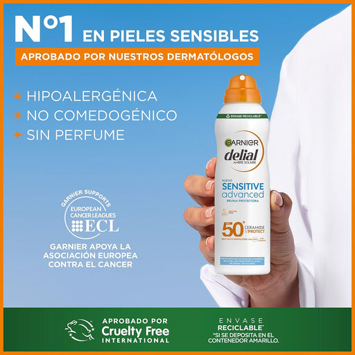 Garnier Delial Sensitive Advanced Bruma Protectora Solar FPS 50+, 150 ml. Muy alta protección con tacto seco 0% graso para pieles claras, sensibles e intolerantes al sol. Garnier - pack