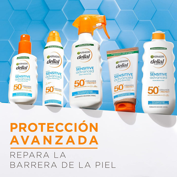 Garnier Delial Sensitive Advanced Bruma Protectora Solar FPS 50+, 150 ml. Muy alta protección con tacto seco 0% graso para pieles claras, sensibles e intolerantes al sol. Garnier - uso