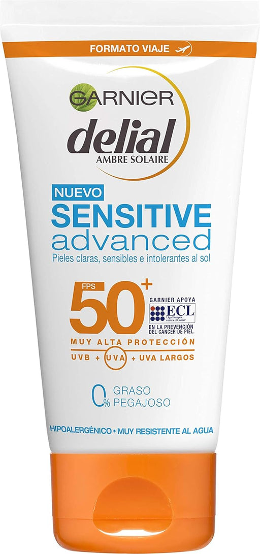 Garnier Delial Sensitive Advanced Leche Solar IP50+, 50 ml. Protector de muy alta protección para pieles claras, sensibles e intolerantes al sol en un práctico formato de viaje. Garnier - frontal
