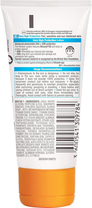 Garnier Delial Sensitive Advanced Leche Solar IP50+, 50 ml. Protector de muy alta protección para pieles claras, sensibles e intolerantes al sol en un práctico formato de viaje. Garnier - lateral