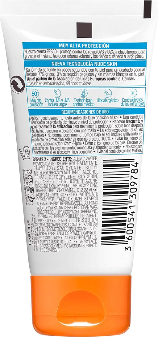 Garnier Delial Sensitive Advanced Leche Solar IP50+, 50 ml. Protector de muy alta protección para pieles claras, sensibles e intolerantes al sol en un práctico formato de viaje. Garnier - pack