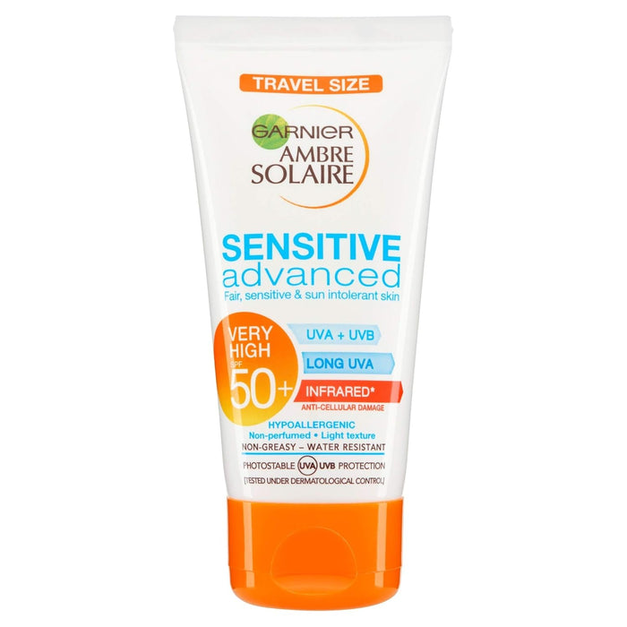 Garnier Delial Sensitive Advanced Leche Solar IP50+, 50 ml. Protector de muy alta protección para pieles claras, sensibles e intolerantes al sol en un práctico formato de viaje. Garnier - uso