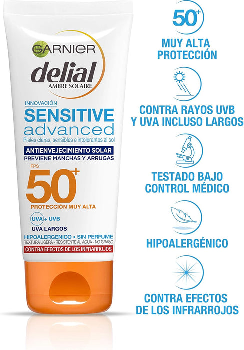 Garnier Delial Sensitive Advanced Protector Solar Facial UV Gel Hidratante IP50+, 100 ml. Crema antiedad y antimanchas con ácido hialurónico y vitamina E para rostro y escote. Garnier - detalle