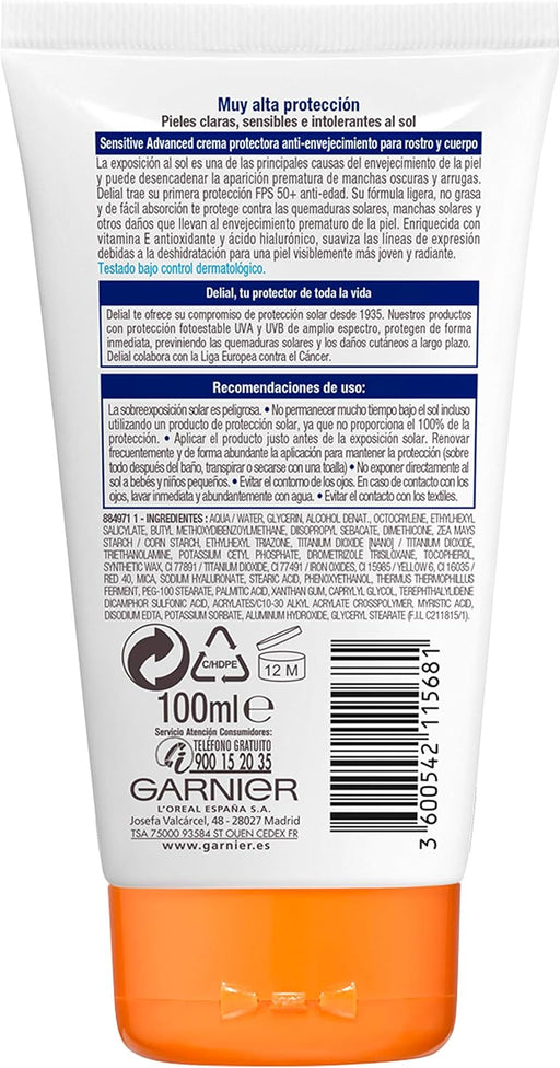Garnier Delial Sensitive Advanced Protector Solar Facial UV Gel Hidratante IP50+, 100 ml. Crema antiedad y antimanchas con ácido hialurónico y vitamina E para rostro y escote. Garnier - pack