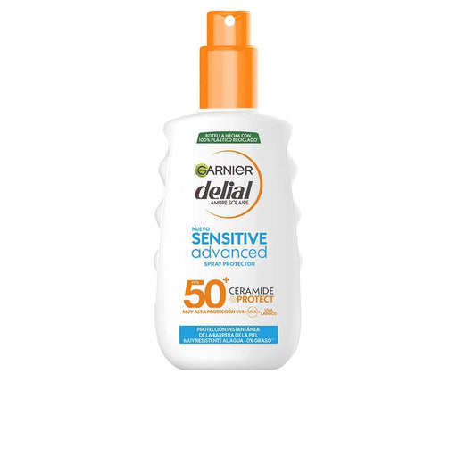 Garnier Delial Sensitive Advanced Spray Protector Solar FPS 50+, 200 ml. Muy alta protección para pieles claras y sensibles, 0% graso y 0% pegajoso, resistente al agua. Garnier - frontal