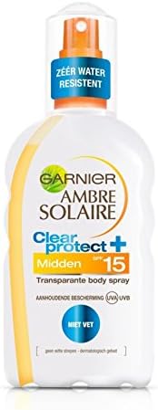 Garnier Delial Spray Solar Transparente SPF 15, 200 ml. Protector solar de protección media, textura ligera no grasa de rápida absorción para una piel protegida y satinada. Garnier - frontal