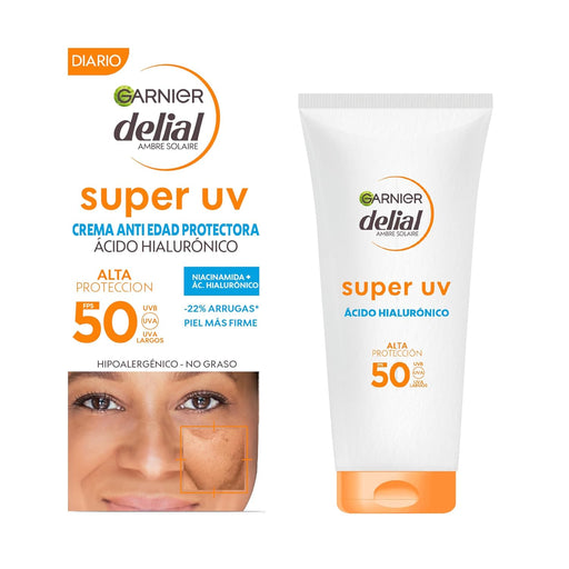 Garnier Delial Super UV Crema Antiedad Protectora Facial SPF 50+, 50 ml. Con Niacinamida y Ácido Hialurónico para reducir arrugas y proteger rostro y escote. Garnier - frontal