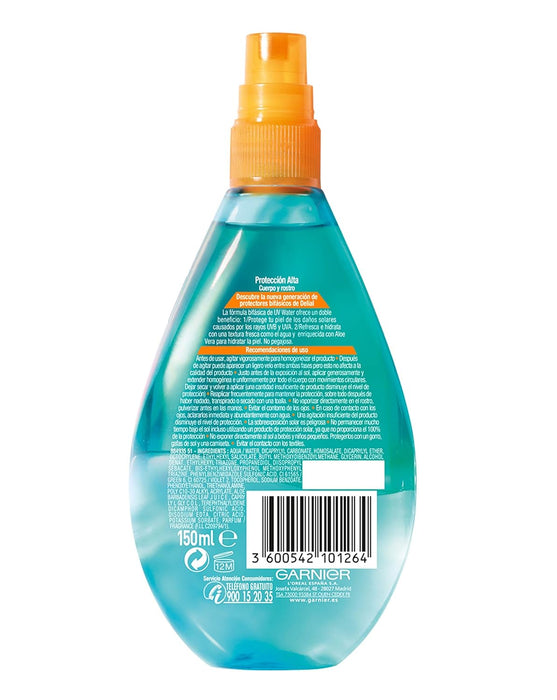 Garnier Delial UV Water Spray Protector Solar Transparente IP30, 150 ml. Bruma bifásica de alta protección para cuerpo y rostro con Aloe Vera ecológico que hidrata 8h. Garnier - detalle