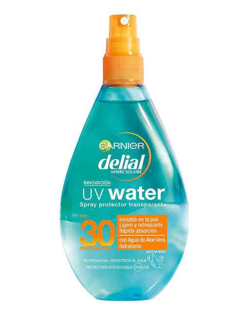 Garnier Delial UV Water Spray Protector Solar Transparente IP30, 150 ml. Bruma bifásica de alta protección para cuerpo y rostro con Aloe Vera ecológico que hidrata 8h. Garnier - frontal