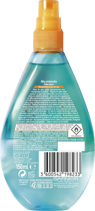 Garnier Delial UV Water Spray Protector Solar Transparente IP50 (150ml): Protección muy alta bifásica para rostro y cuerpo con aloe vera que refresca e hidrata. Garnier - detalle