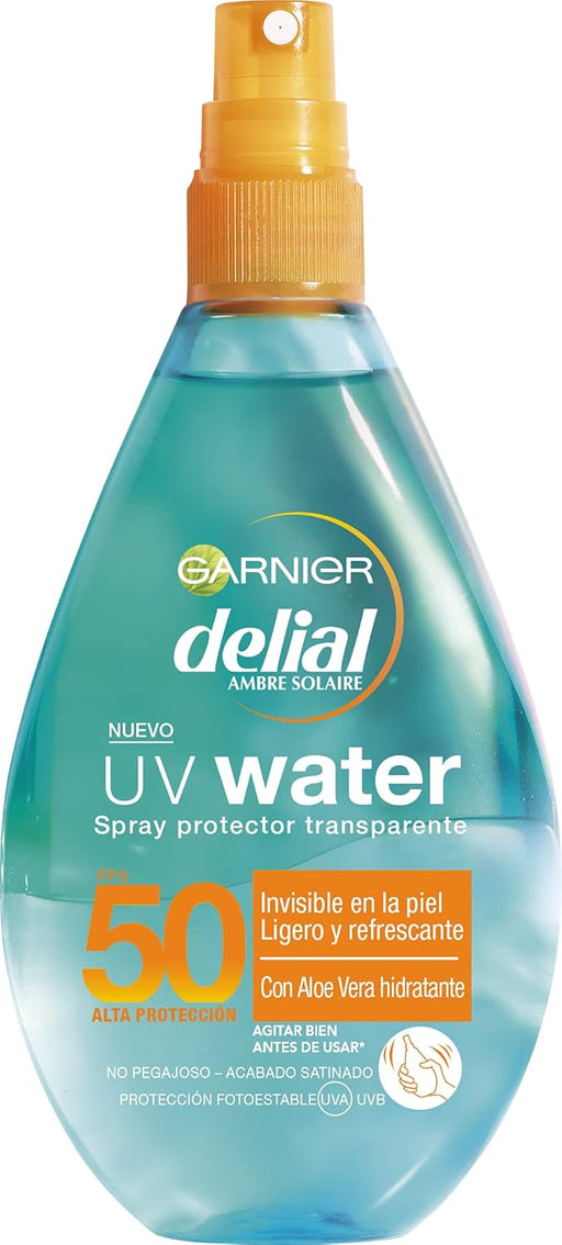 Garnier Delial UV Water Spray Protector Solar Transparente IP50 (150ml): Protección muy alta bifásica para rostro y cuerpo con aloe vera que refresca e hidrata. Garnier - frontal