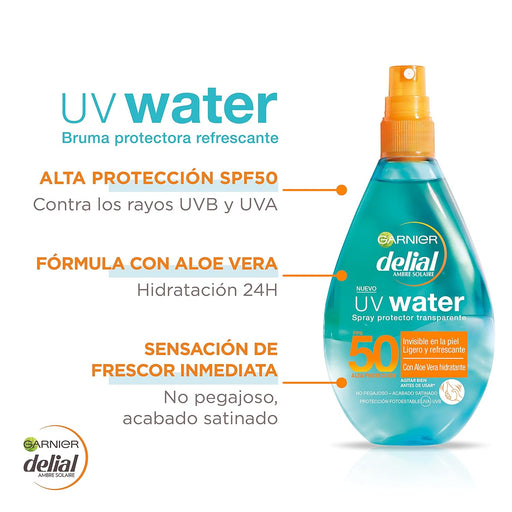 Garnier Delial UV Water Spray Protector Solar Transparente IP50 (150ml): Protección muy alta bifásica para rostro y cuerpo con aloe vera que refresca e hidrata. Garnier - pack
