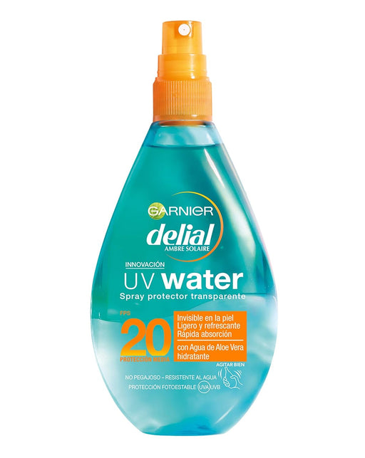 Garnier Delial UV Water Spray Solar Transparente SPF20, 150 ml. Protector bifásico con Aloe Vera para rostro y cuerpo que protege, refresca e hidrata la piel al instante. Garnier - frontal