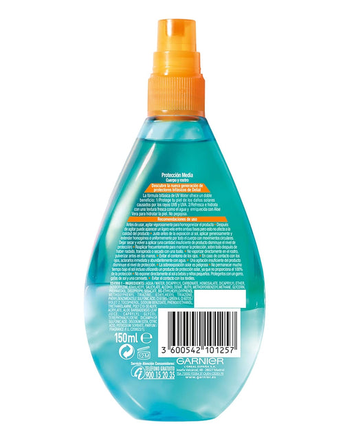Garnier Delial UV Water Spray Solar Transparente SPF20, 150 ml. Protector bifásico con Aloe Vera para rostro y cuerpo que protege, refresca e hidrata la piel al instante. Garnier - pack