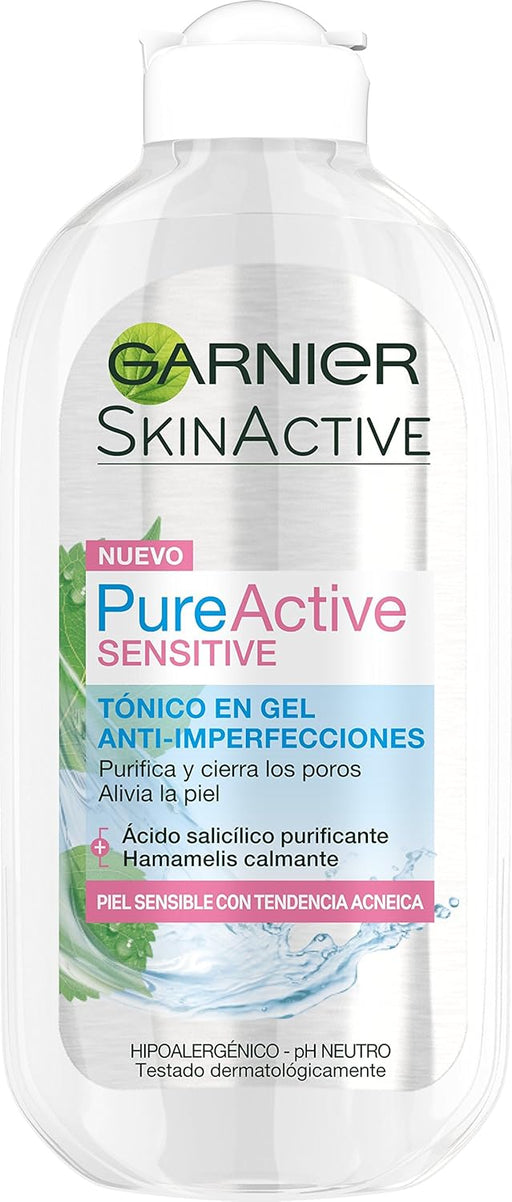 Garnier Skin Active Pure Sensitive Tónico en Gel Anti Imperfecciones, 200ml. Calma la piel sensible con tendencia acnéica, reduce poros y marcas sin resecar. Garnier - frontal