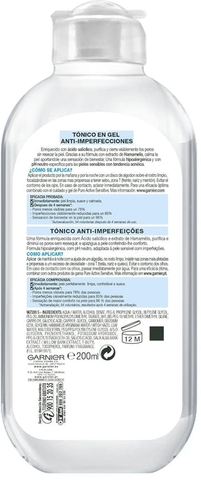 Garnier Skin Active Pure Sensitive Tónico en Gel Anti Imperfecciones, 200ml. Calma la piel sensible con tendencia acnéica, reduce poros y marcas sin resecar. Garnier - pack