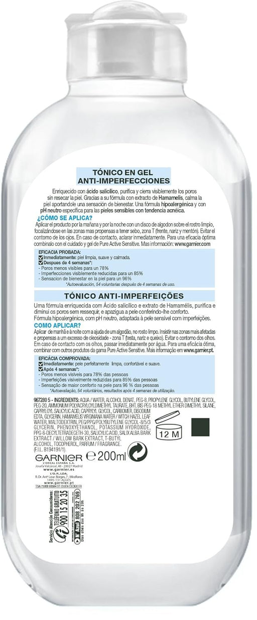 Garnier Skin Active Pure Sensitive Tónico en Gel Anti Imperfecciones, 200ml. Calma la piel sensible con tendencia acnéica, reduce poros y marcas sin resecar. Garnier - pack