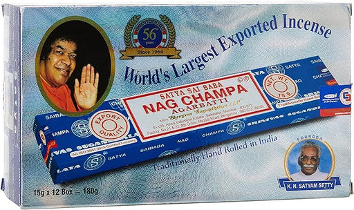 Satya Incienso Nag Champa Agarbatti, Pack de 12 Cajas (12x15g). El aroma más famoso del mundo para la meditación y la relajación, en un formato ahorro para disfrutar de su fragancia por más tiempo. Geofossils - frontal
