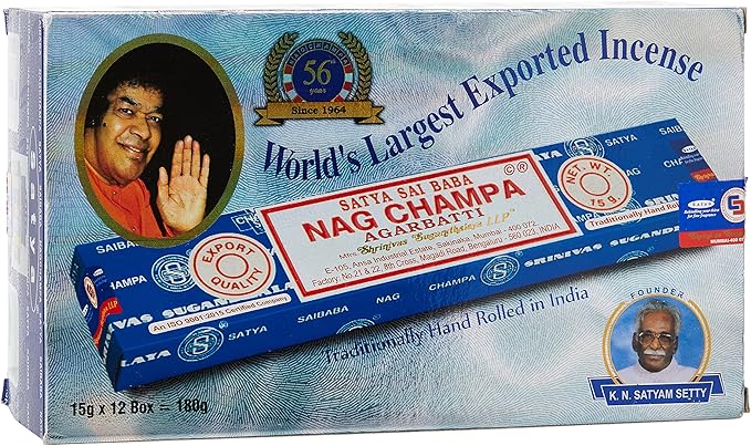Satya Incienso Nag Champa Agarbatti, Pack de 12 Cajas (12x15g). El aroma más famoso del mundo para la meditación y la relajación, en un formato ahorro para disfrutar de su fragancia por más tiempo. Geofossils - frontal