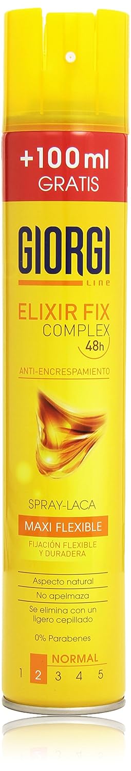 Giorgi Line Laca Elixir Fix, Fijación Flexible (300ml). Consigue un peinado con movimiento natural y un acabado perfecto durante todo el día gracias a su fórmula anti-encrespamiento. Giorgi - frontal