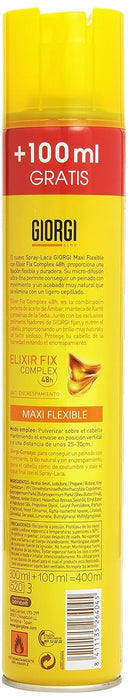 Giorgi Line Laca Elixir Fix, Fijación Flexible (300ml). Consigue un peinado con movimiento natural y un acabado perfecto durante todo el día gracias a su fórmula anti-encrespamiento. Giorgi - pack